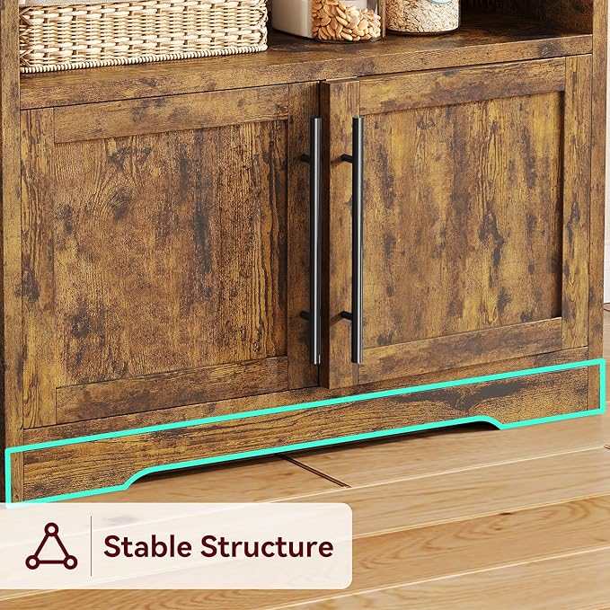 IDEALHOUSE Bakers Rack With Storage Cabinet, Microwave Stand With Power Outlets, Farmhouse Bakers Rack With Thick Table Top, Small Kitchen Pantry Hutch Bakers Rack for Kitchen, Dining Room,Retro Brown