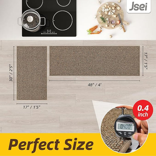 JSEI Kitchen Rugs and Mats, 2PCS Non-Slip Kitchen Mats for Floor, Machine Washable Absorbent and Stain Resistant Kitchen Runner, Carpet Mats with TPR Backing for, 17''x30''+17''x48'', Taupe