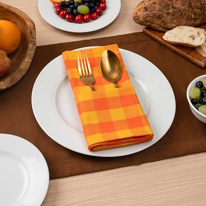 Blue Needles Gingham Buffalo Plaid Cloth Napkins 100% Cotton Set of 12 Dinner Table Napkins 18x18 inch Soft, Reusable, Washable for Wedding Parties & Everyday Use - Orange & Golden Yellow