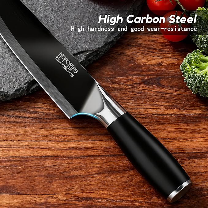 8" Chef's Knife, Japanese Hand Forged Chefs Knife High Carbon Steel Core with Black wooden Ergonomic Handle, Gift Box