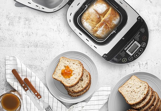 Elite Gourmet EBM8103B Programmable Bread Maker Machine 3 Loaf Sizes, 19 Menu Functions Gluten Free White Wheat Rye French and more, 2 Lbs, Black