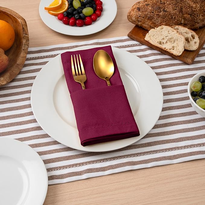 Blue Needles Set of 12 Hemstitch Linen Napkins 100% Cotton Burgundy Cloth Dinner Napkins 18x18 inches, Soft, Reusable, Absorbent, Washable, Ideal for Wedding Events, Parties & Everyday Use