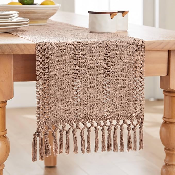 ZeeMart Macrame Style Boho Table Runner, Taupe Table Runners 48 Inches Long, Farmhouse Woven Home Decor, 12x48 Inch, Taupe
