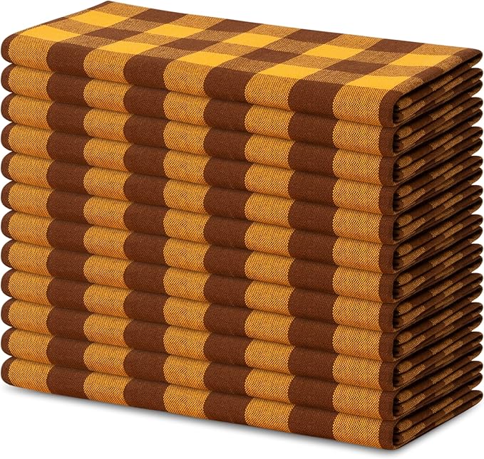 Blue Needles Gingham Buffalo Plaid Cloth Napkins 100% Cotton Set of 12 Dinner Table Napkins 18x18 inch Soft, Reusable, Washable for Wedding Parties & Everyday Use - Golden Yellow & Nut Brown