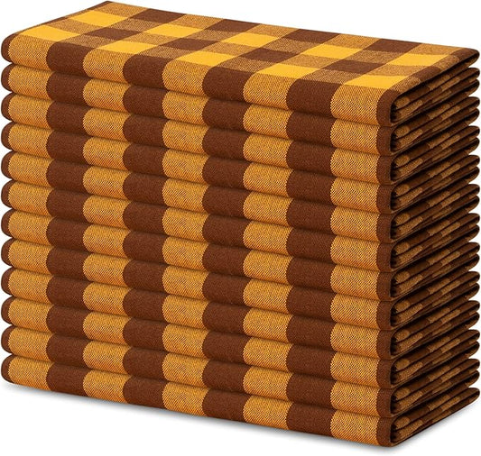 Blue Needles Gingham Buffalo Plaid Cloth Napkins 100% Cotton Set of 12 Dinner Table Napkins 18x18 inch Soft, Reusable, Washable for Wedding Parties & Everyday Use - Golden Yellow & Nut Brown