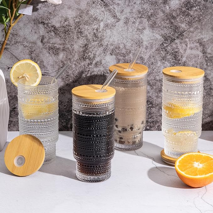 Drinking Glasses with Bamboo Lids and Glass Straw 2pcs Set,16oz Glass Tumbler Cups,Water Glasses,Iced Coffee Glasses,iced Tea Glasses,Beer Glasses,Ideal for Whiskey,1 Brushes