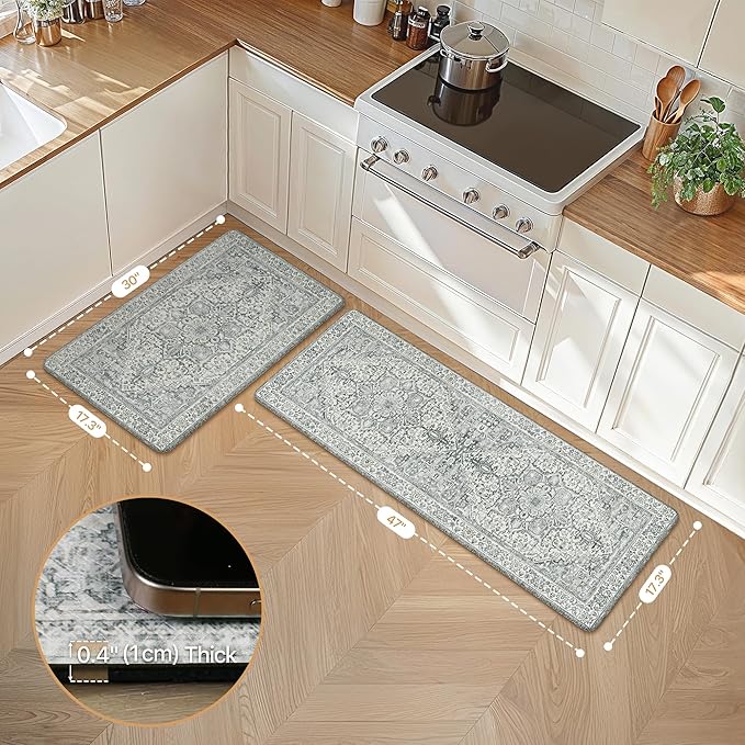 GENIMO Kitchen Mats for Floor, 2PCS Kitchen Rugs Non Slip Washable, Waterproof Anti Fatigue Mat, Comfort Standing Runner Rug for Sink, Office, Laundry, Home, 17.3"x47"+17.3"x30", LightGrey