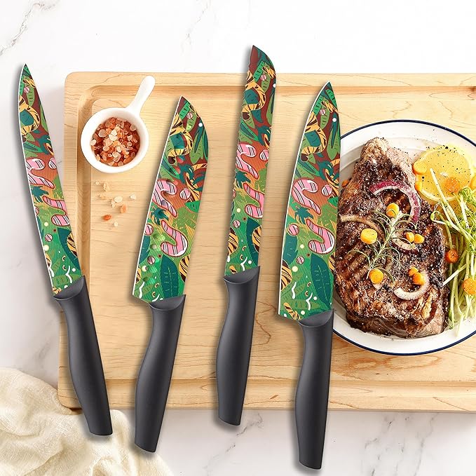 Marco Almond Knife Set Artistic Designed Pattern Kitchen Knife 6 Stainless Steel Kitchen Knives w 6 Blade Guards, Dishwasher Safe Knives for Family Kitchen Knives Set for Chefs
