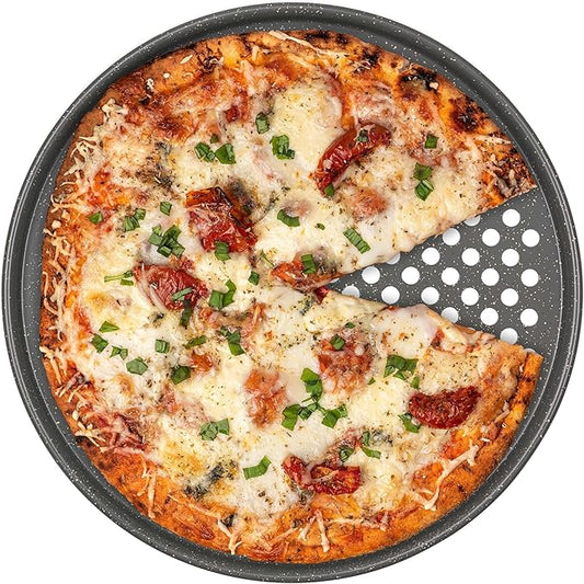 casaWare Perforated Pizza Pan 12-inch, Ceramic Coated NonStick (Silver Granite)