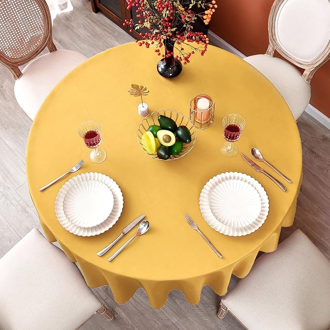MEANMOY Gold 210 GSM Water & Stain Resistant Round Tablecloth for Circle Table - Solid 90 Inch Table Cloth Cover in Wrinkle Free Durable Washable Polyester Fabric for Wedding, Party, Banquet