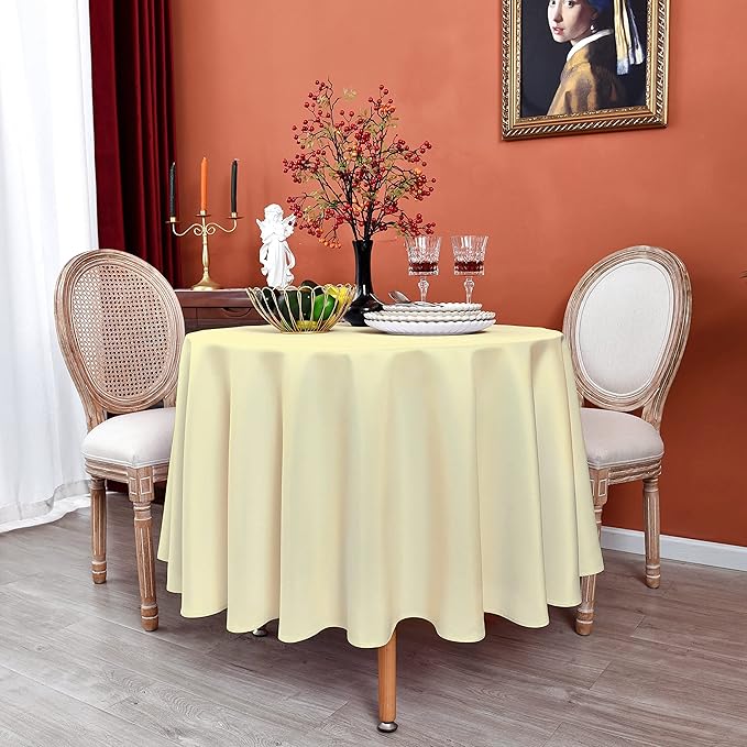 MEANMOY Ivory 210 GSM Water & Stain Resistant Round Tablecloth for Circle Table - Solid 70 Inch Table Cloth Cover in Wrinkle Free Durable Washable Polyester Fabric for Wedding, Party, Banquet