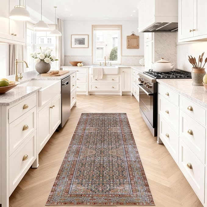 Kuden 2'6"x7' Runner Rug, Machine Washable Area Rug with Non-Slip Backing, Vintage Style, Soft, Easy Clean, Low Pile Rug for Hallway, Entryway, Kitchen, Bedroom