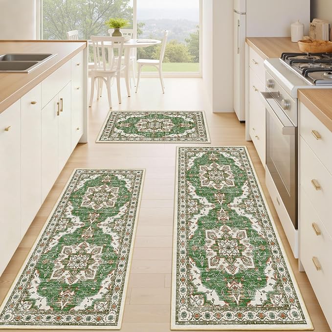 Tritard Non Slip Kitchen Rugs Sets of 3 Washable Kitchen Rug Boho Kitchen Mats for Floor Soft Kitchen Runner Rug Non Skid Kitchen Floor Carpet for Entryway Hallway Laundry Room, Green