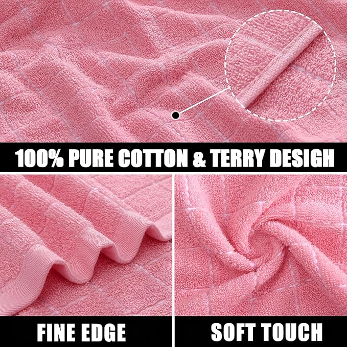 Mordimy 100% Cotton Terrycloth Kitchen Towels and Dishcloths Sets, Soft and Absorbent Checkered Dish Towels, Quick Drying Dish Rags for Washing Dishes, 4 Pack 16" x 26" & 4 Pack 12" x 12", Pink