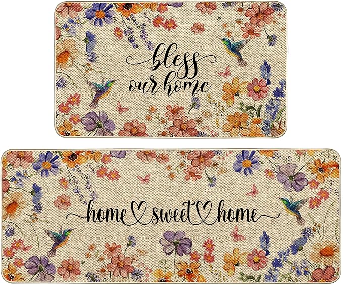 Flower Spring Kitchen Mats for Floor Set of 2, Wildflower Summer Floor Mats, Non Slip Rubber Backing Kitchen Floor Mat and Rug Set for Kitchen Sink, Office, Laundry