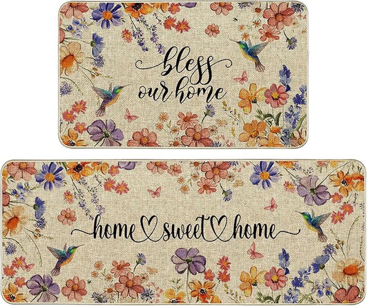 Flower Spring Kitchen Mats for Floor Set of 2, Wildflower Summer Floor Mats, Non Slip Rubber Backing Kitchen Floor Mat and Rug Set for Kitchen Sink, Office, Laundry