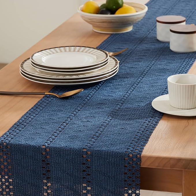 ZeeMart Macrame Style Boho Table Runner, Blue Table Runners 36 Inches Long, Farmhouse Woven Home Decor, 12x36 Inch, Dusty Blue
