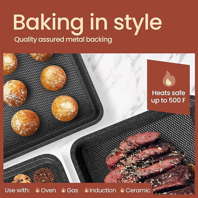BAKKEN Kitchen Baking Pans - Small, Medium, and Large Cookie Pan (13.58×9.65, 15.75×11, 17.91×12.60), Nonstick, Diamond Texture Bottom, PFOA, PFOS, PTFE Free, Oven Safe (450°F), Pack of 3, Gray Marble