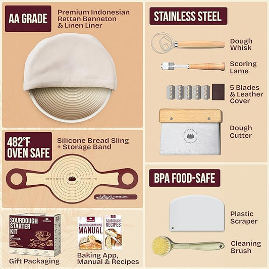 Superbaking Banneton Bread Proofing Basket Set with Silicone Dough Sling, 9" Splinter-Free Proofing Basket, Non-Stick Dutch Oven Liner, Sourdough Starter Kit, Sourdough Bread Baking Supplies & Tools