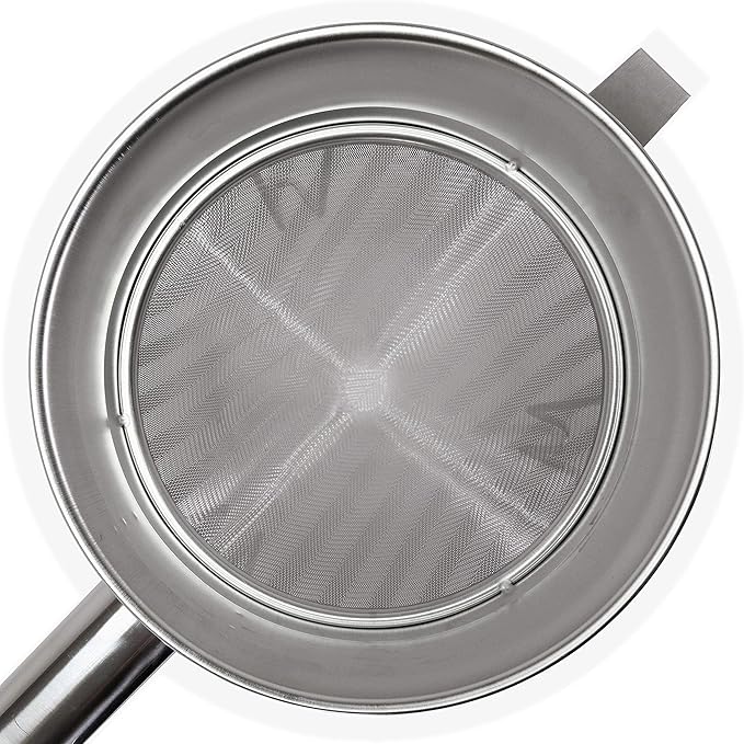 Anchy Premium 8" Chinois Fine Mesh Strainer Set with Stand & Bamboo Spatula – 18/8 Stainless Steel China Cap Cone Sieve, Professional Bouillon Strainer for Sauces, Soups, Broth, Stock, Jelly & Purees