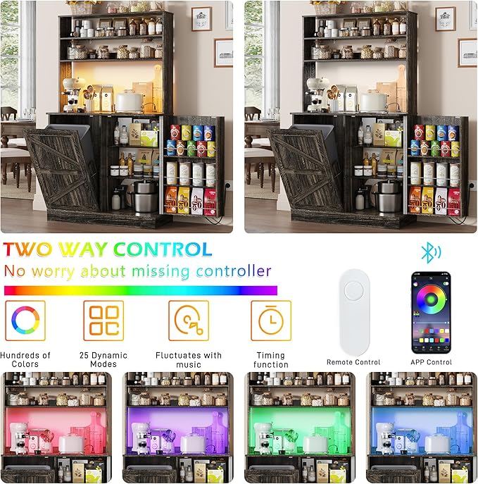 63" H Pantry Cabinets with 10 Gallon Trash Can,Led Light,Outlet,35" W Kitchen Hutch with Tilt Out Trash Can Cabinet,Farmhouse Cupboard with Large Countertop for Living Room, Dining Room