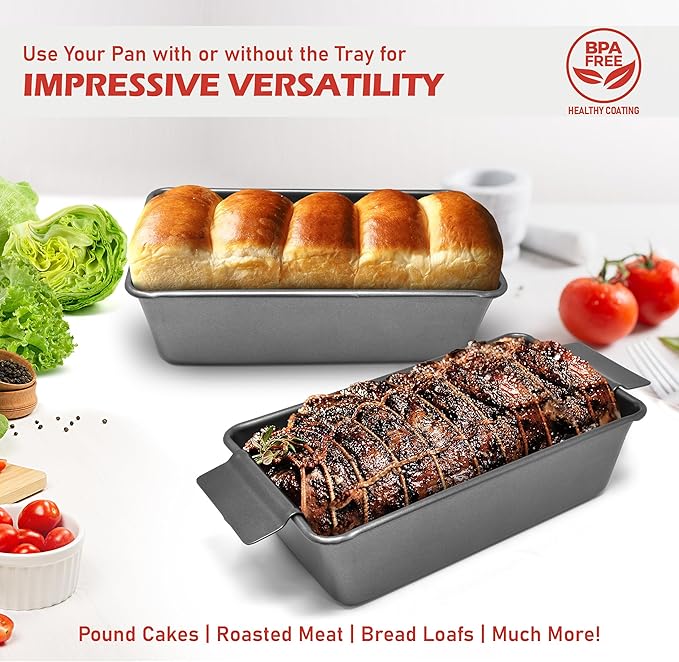PERLLI Meat Loaf Pan with Drip Tray – 2 Pc. 9.8 x 5.7 In. High-Carbon-Steel Nonstick Meatloaf Pan with Drain Tray – Large BPA-Free Oven Loaf Pan for Baking, Bread, Cakes, Roasting Meat, & More