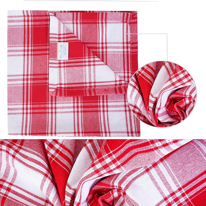 Blue Needles Gingham Buffalo Plaid Cloth Napkins 100% Cotton Set of 12 Dinner Table Napkins 18x18 inch Soft, Reusable, Washable Perfect for Valentine's Day Parties & Everyday Use - Silver Red & White