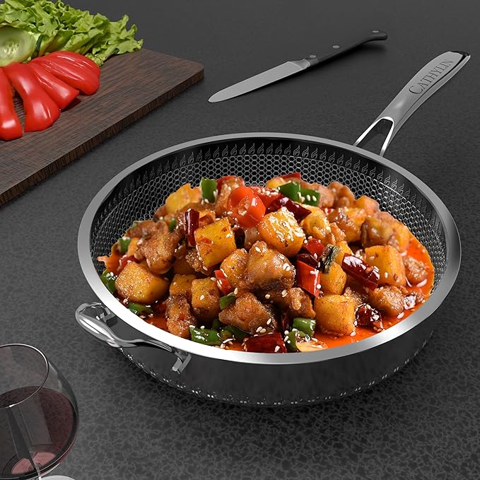CATHYLIN 316L Stainless Steel 5QT Frying Pan Hexagon Nonstick Wok with Lid,Single Handle to Hold, PFOA Free, Dishwasher Oven Safe (12inch,5QT/Single Handle)