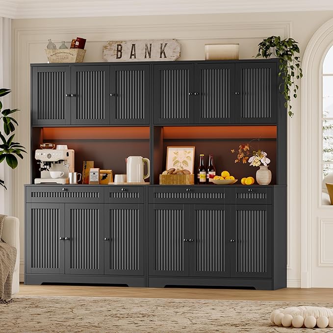 Pantry Cabinet with Charging Station and Light, Tall Kitchen Pantry Storage Cabinet with Microwave Stand, Wide Fluted Kitchen Hutch with Storage Drawers and Adjustable Shelves for Dining Room