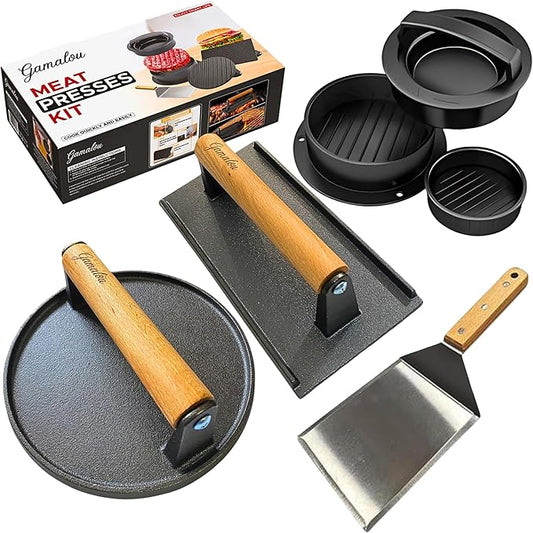 Gamalou® Smashed Burger Press BBQ Kit: 7" Round & 8.2x4.3 Rectangle Cast Iron Bacon Press, 3 in 1 Patty Maker, Spatula 6x5”, Burger Press Griddle Set for Blackstone, Traeger, Grills, Fry Pan