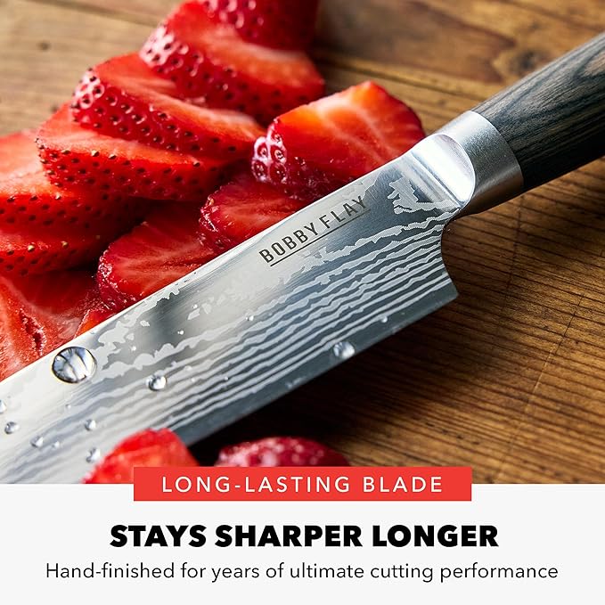 GreenPan x Bobby Flay 8" Chef's Knife with Sheath, Premium Stainless Steel Blade, Precision Cutting Kitchen Tool, Ultra-Sharp Cutlery, Hand Finished Ergonomic Wood Handle, Damascus Steel Design