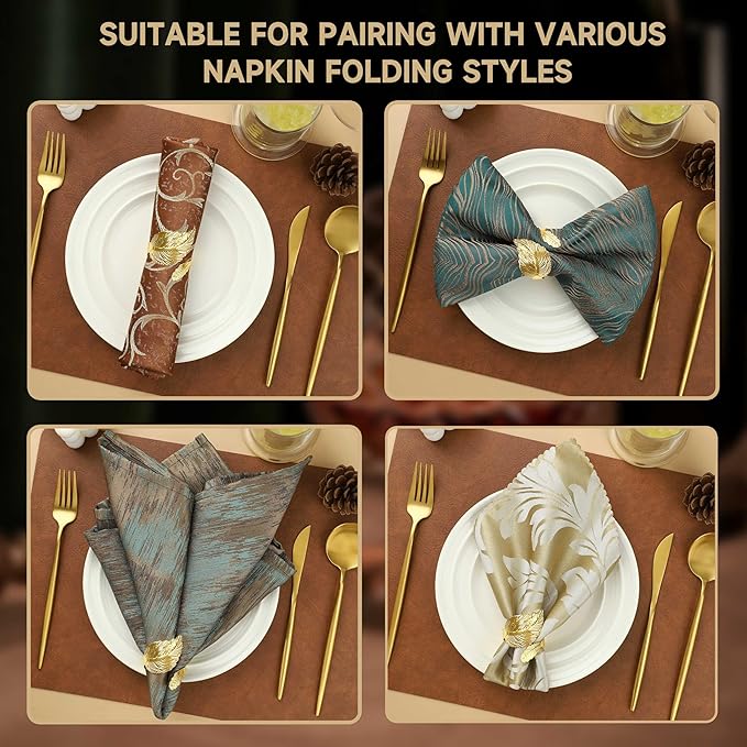 Napkin Rings Set of 24, Shiny Gold Napkin Rings, Smooth, Easy Care, Solid Metal Laurel Leaf Shaped Elegant Table Decor, Stylish Napkin Ring Bulk for Holidays Wedding, Party, New Homes Gift