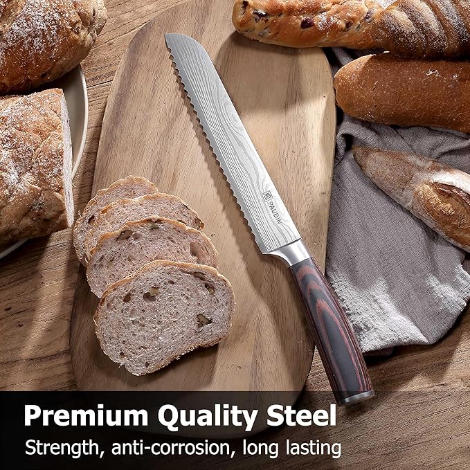 PAUDIN Bread Knife 8", Ultra Sharp Wave Edge - Forged Premium German HC Stainless Steel, Serrated Bread Knife for Homemade Bread and Sourdough Bread, Pakkawood Handle