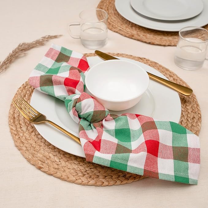 Blue Needles Gingham Buffalo Plaid Cloth Napkins 100% Cotton Set of 12 Dinner Table Christmas Napkins 18x18 inch Soft, Reusable, Washable for Parties & Everyday Use - Christmas White, Red & Green