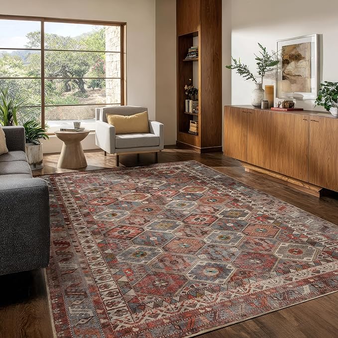 Kuden 4x6 Area Rug, Machine Washable Area Rug with Non-Slip Backing, Vintage Style, Soft, Easy Clean, Low Pile Rug for Living Room, Bedroom, Dining Room