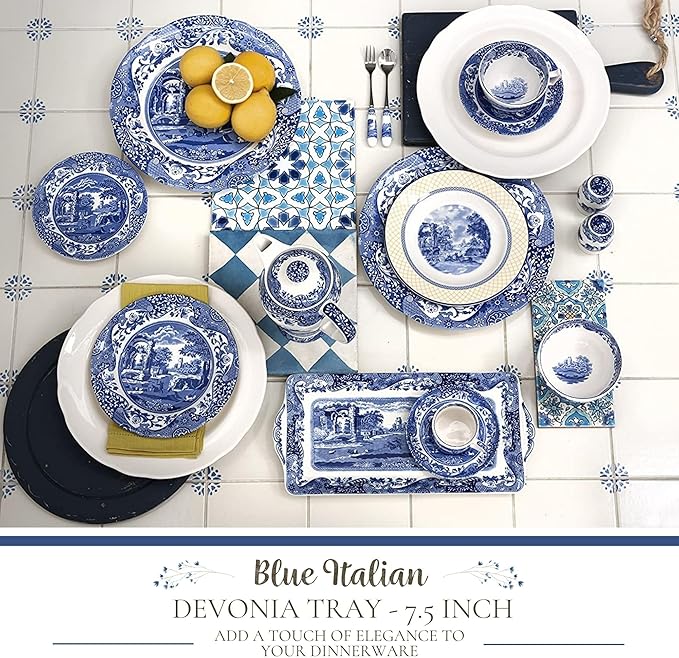 Spode Blue Italian Devonia Tray - 7.5 Inch Porcelain Decorative Serving Tray - Shallow Serving Bowl for Salad, Pasta, Fruit, Appetizers, Snacks - Elegant Gift Tableware for Hostess