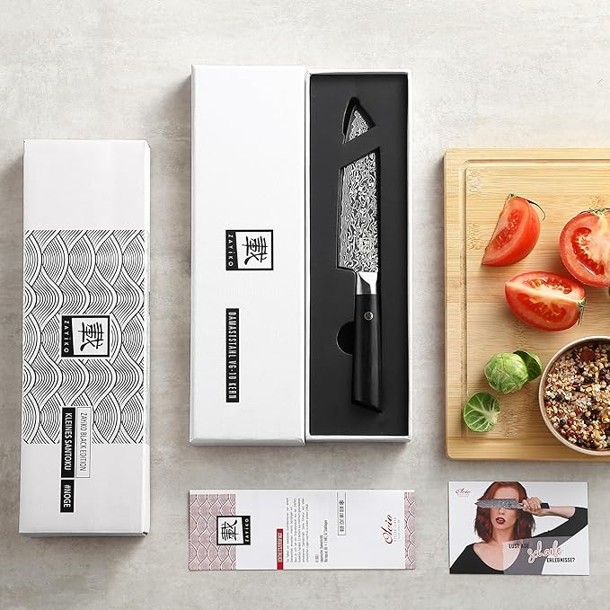 zayiko Black Edition Small Santoku Knife – 5.1-Inch Blade Damascus Kitchen Knife | 67-Layer VG10 Core Steel | Ergonomic Pakkawood Handle | Premium Knife for Vegetables, Meat & Fruit | Gift Box
