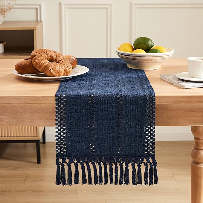 ZeeMart Macrame Style Boho Table Runner, Navy Table Runners 36 Inches Long, Farmhouse Woven Home Decor, 12x36 Inch, Navy Blue