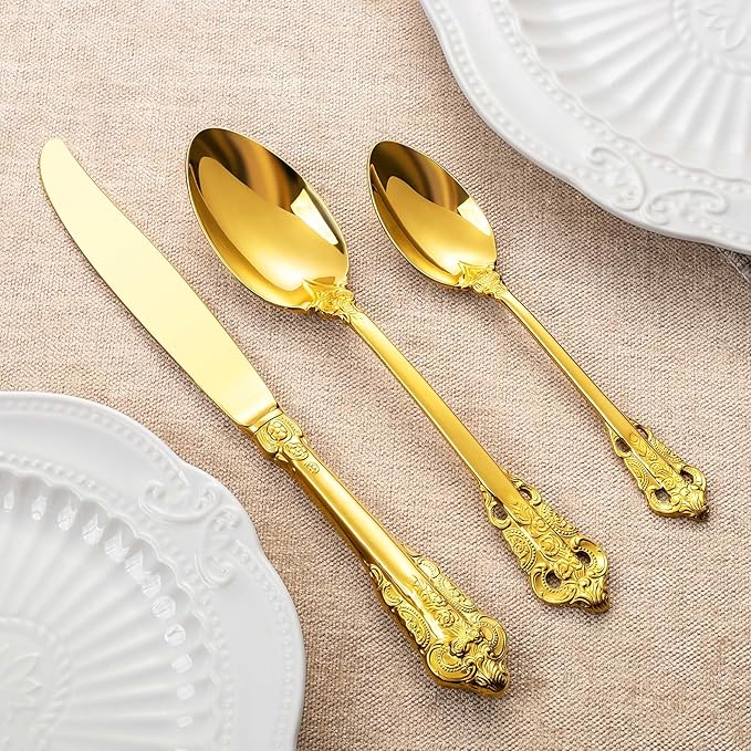 KEAWELL Gorgeous Dinner Knife, Set of 4, 18/10 Stainless Steel, Mirror Polished, Luxury Dinner Knife Set. (Gold)