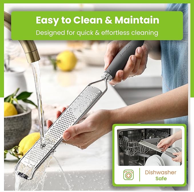 Spring Chef Stainless Steel Lemon Zester Grater with Handle - Garlic, Cheese, Parmesan, Nutmeg, Lime, Ginger Grater - Heavy Duty Kitchen Tool - Citrus Zester with Blade Cover - Fine Shred - Gray
