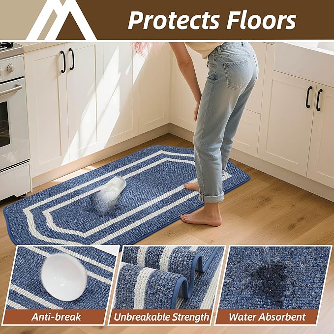 COSY HOMEER Long Kitchen Floor Mats for in Front of Sink Super Absorbent Kitchen Rugs and Mats 24"x79" Non-Skid Kitchen Mat Standing Mat Washable,Polypropylene,Blue,Frame