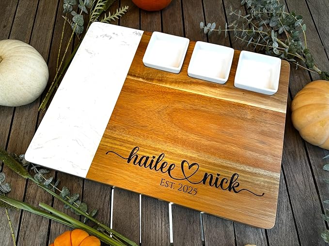 Quartz & Acacia Modern Charcuterie Board Set 16 pcs Laser Engraved Cheese Board And Knife Set Realtor Closing gift Custom Christmas Wedding