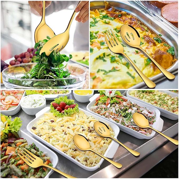 Homikit 6 Pack Serving Spoons Slotted Spoons Forks, 9.8 Inch Stainless Steel Gold Serving Utensils Hostess Set for Catering Buffet Party Banquet Restaurant, Mirror Polish & Dishwasher Safe