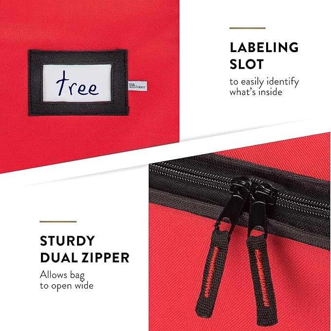 ZOBER Wide Christmas Tree Storage Bag - Maximum Accessibility - Fits 9 Ft Trees - 600D Oxford Fabric Christmas Tree Bag For Storage Box For Xmas - Strong, Durable Straps & Handles - Card Slot - Red