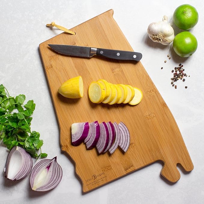 Totally Bamboo Alabama State Shaped Cutting Board and Charcuterie Serving Platter with Artwork by Summer Stokes, Includes Hang Tie for Wall Display 10" x 15-3/4" x 5/8"
