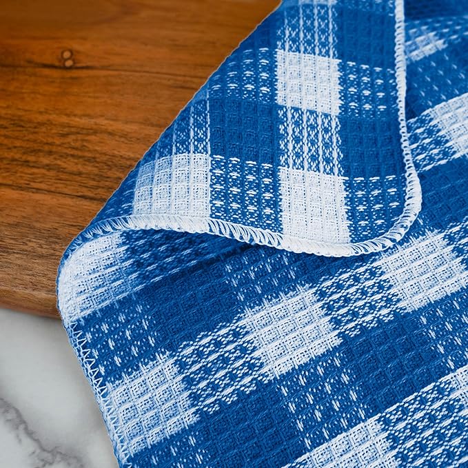 Blue Needles Waffle Weave Check Plaid Dish Cloths, 12x12 Inches 100% Cotton Set of 6 Dish Towels for Kitchen, Ultra Soft & Absorbent Kitchen Towels for Quick Drying Spring Summer - Sky Blue & White