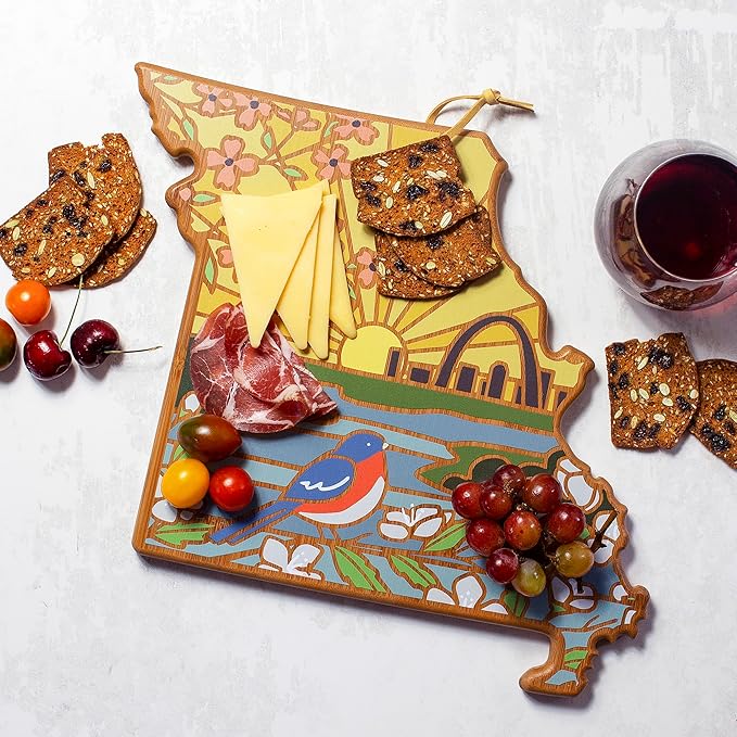 Totally Bamboo Missouri State Shaped Cutting Board and Charcuterie Serving Platter with Artwork by Summer Stokes, Includes Hang Tie for Wall Display