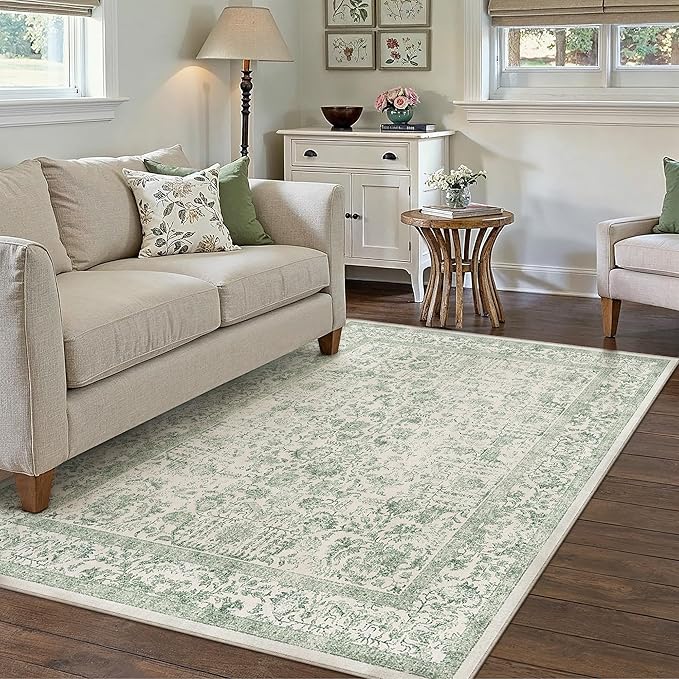 Sage Green Area Rug 4x6 Washable Office Entryway Carpet Vintage Distressed Non Slip Kitchen Indoor Entry Neutral Low Pile Retro Floral Farmhouse Throw Mat for Laundry Dining Room Bedroom