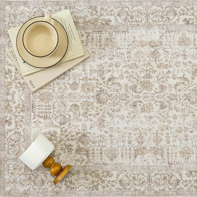 Light Brown Runner Rug 2'6"x14' Washable Carpet for Hallway Kitchen Vintage Distressed Non Slip Indoor Retro Floral Bedroom Accent Throw Long Rug Bathroom Office Laundry Dining Living Room