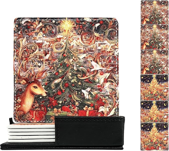 Christmas Coasters Square Leather Drinks Coaster Set with Holder for Coffee Table Bar Home Decor 4 Inches Set of 6